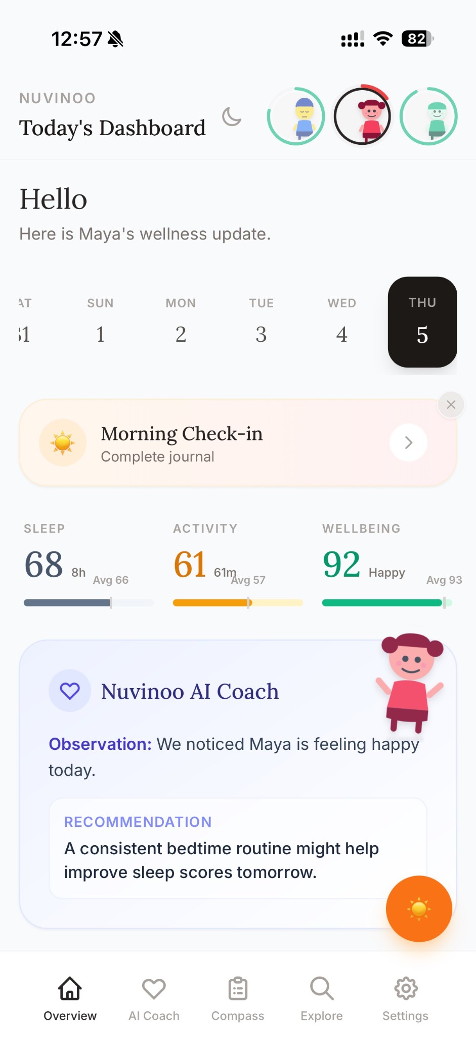 Nuvinoo Dashboard - Your child's daily wellness overview with sleep, activity, and AI coaching insights